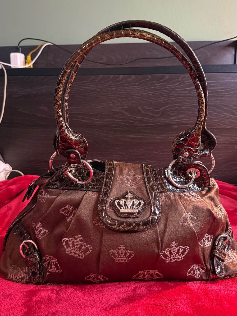 Vintage Y2K Brown Crown Satchel - Faux Croc Trim McBling Aesthetic
